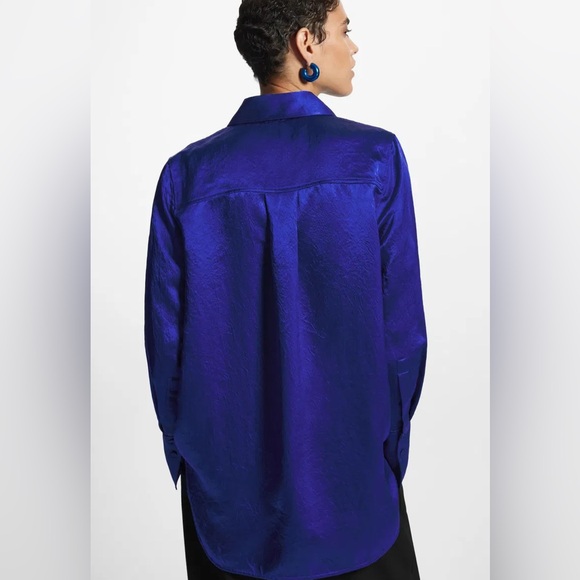 COS Oversized Satin Crinkled Texture Long Sleeve Blouse in Royal Cobalt Blue - Picture 8 of 8